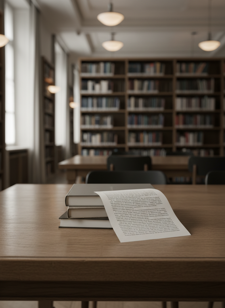 En una biblioteca silenciosa y elegante, una mesa de roble envejecido ocupa el centro, sobre la cual hay una pila pequeña de libros sin títulos visibles, de tapas en tonos beige y gris, desgastadas por el uso. Encima descansa una hoja suelta, llena de texto en español en formato de ensayo, pero deliberadamente ilegible. Detrás se alzan estanterías altas repletas de volúmenes desaturados, ligeramente fuera de foco. Luz natural difusa entra desde grandes ventanales en el lateral, combinada con la calidez tenue de lámparas de techo, creando un juego de luces suave. La atmósfera es reflexiva y sofisticada, con composición fotográfica a nivel de mesa y profundidad media, evocando el estudio pausado de la existencia humana más allá de la lógica de poseer y consumir.