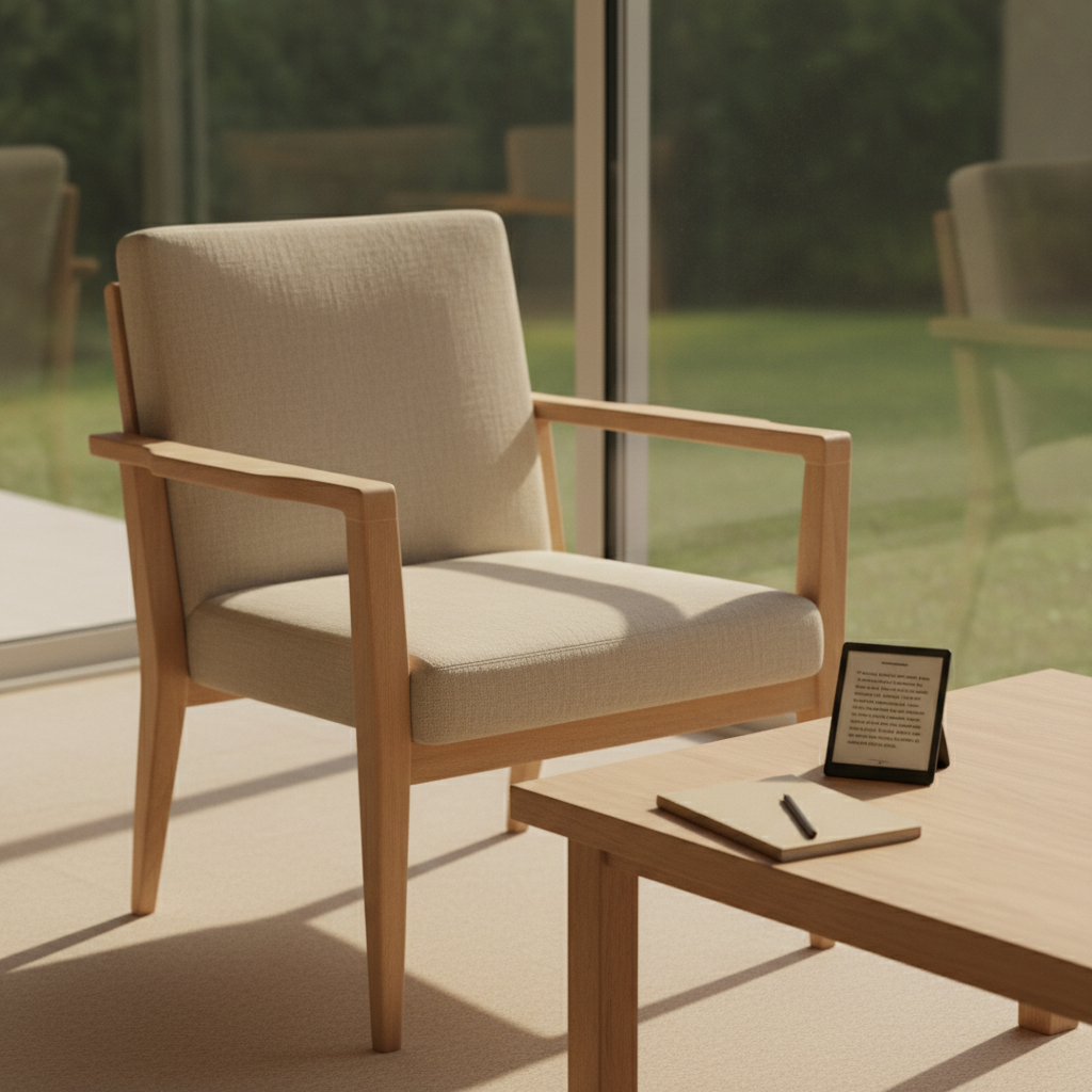 Un rincón minimalista junto a una gran ventana muestra una butaca vacía de lino color arena, de diseño sencillo y líneas rectas, frente a una mesita baja de madera clara. Sobre la mesa reposa un lector electrónico delgado donde se intuye la página de un ensayo en español, pero sin legibilidad, acompañado por una sencilla libreta kraft cerrada y un lápiz de grafito. Afuera, a través del vidrio, se distingue un jardín desenfocado de tonos verdes suaves. Luz de tarde, cálida y difusa, baña la escena, creando sombras largas y suaves. La composición fotográfica es en ángulo ligeramente lateral, con profundidad de campo moderada, transmitiendo calma, introspección y una forma sobria y ética de habitar el mundo, sin rastro de objetos comerciales llamativos.