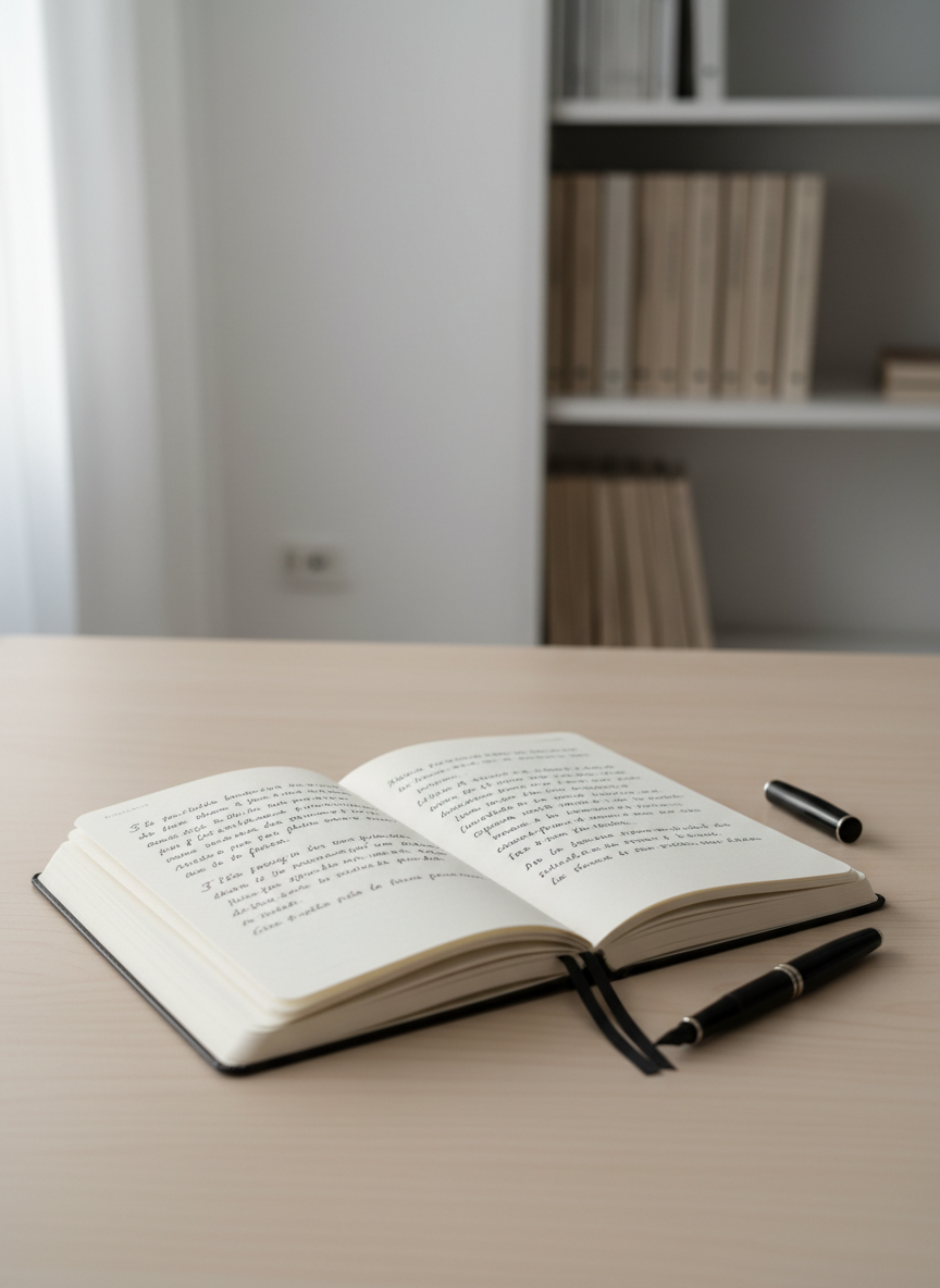 Una mesa de madera clara, desnuda y ordenada, ocupa el centro de la escena, con un cuaderno abierto de tapas color marfil y hojas ligeramente granuladas, lleno de párrafos manuscritos en español sobre ética y sentido de la vida, sin que se lean palabras concretas. A su lado, una pluma estilográfica negra descansa sobre el margen. El entorno es un estudio sobrio con paredes blancas y una estantería difusa al fondo, repleta de lomos de libros neutros. Luz suave de mañana entra por una ventana fuera de cuadro, creando sombras delicadas y un ambiente contemplativo. La toma es ligeramente elevada, con profundidad de campo reducida, enfatizando el cuaderno en un estilo fotográfico realista y minimalista, de aire sofisticado y sereno.