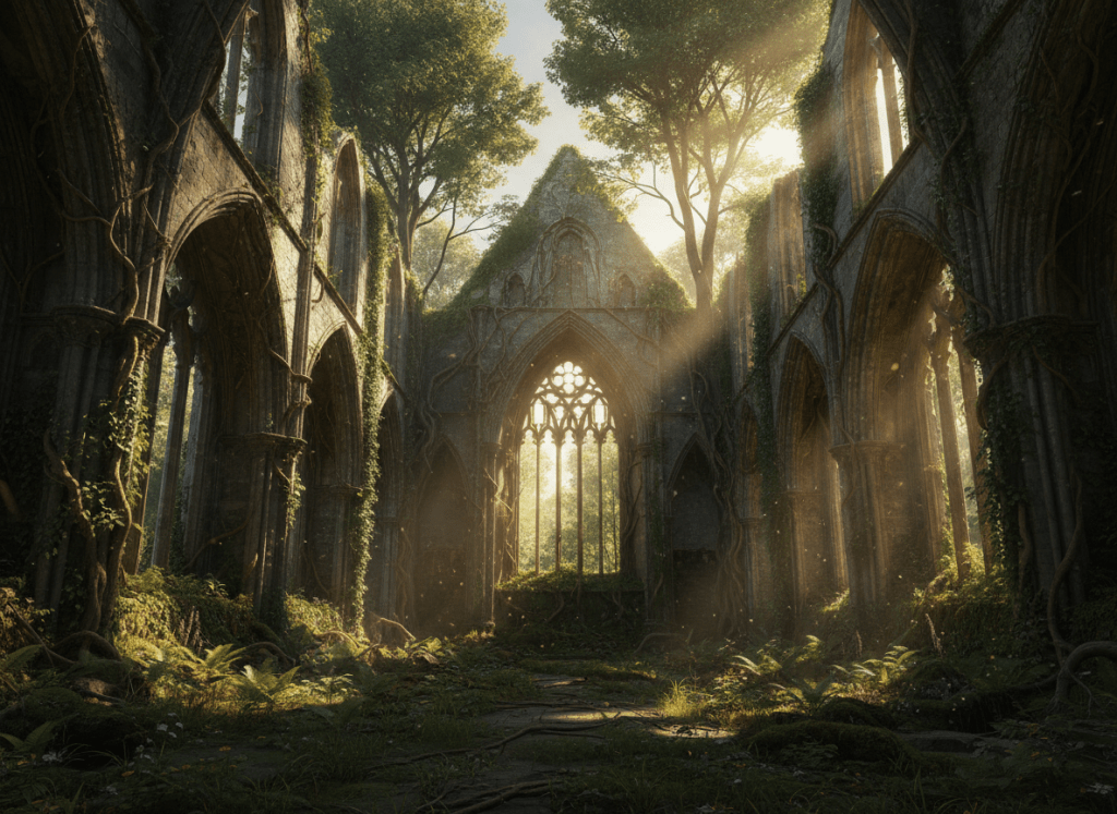 Fotografía contemplativa de una catedral antigua en ruinas rodeada de naturaleza que la reclaimed, con rayos de luz entrando por las grietas. Evoca la alianza histórica entre poder religioso y político, y su decadencia. Tonos dorados, grises y verdes. Sin personas.