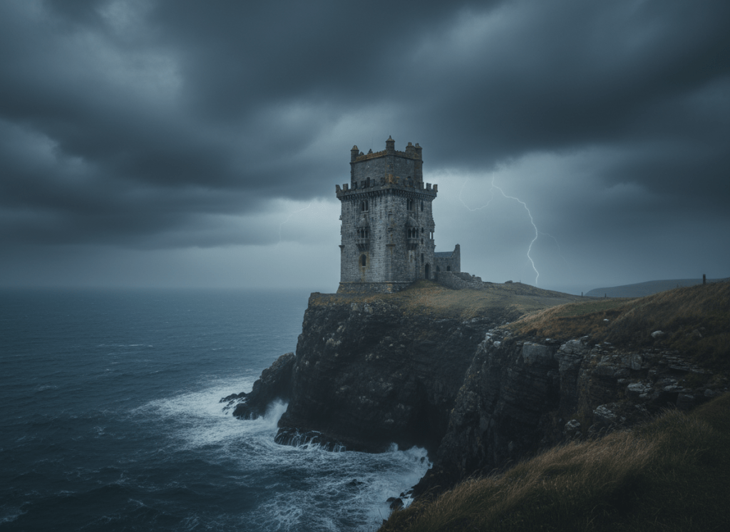 Fotografía contemplativa de una torre solitaria en lo alto de un acantilado, azotada por el viento y rodeada de nubes oscuras. Evoca el aislamiento del poder, su fragilidad y los peligros de la ambición desmedida. Tonos grises, azules profundos y ocres. Sin personas.