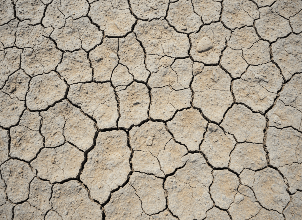 Minimalist close-up of cracked dry earth, muted earth tones, stark natural light, no people, no landscape, no pastoral elements, austere and contemplative mood, not bucolic