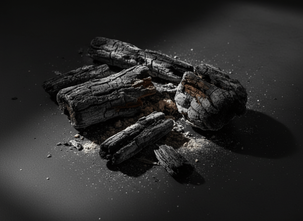 Minimalist close-up of charred wood or ash fragments on a dark surface, muted blacks and greys with warm undertones, stark directional light, austere and contemplative, no people, no landscape, not bucolic