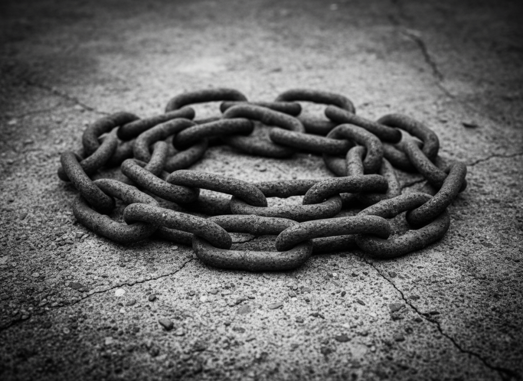 Close-up of a heavy iron chain on rough concrete, minimal and stark, cold grey tones, no people, no landscape, austere and contemplative mood