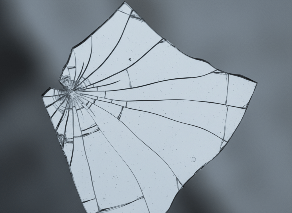 Close-up of a cracked mirror fragment reflecting nothing, minimal and stark, cold light, no people, no landscape, austere and contemplative mood, muted tones