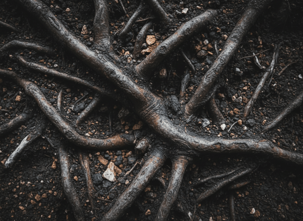 Extreme close-up of interconnected roots underground, minimal and stark, dark earth tones, no people, no landscape, no pastoral elements, austere and contemplative mood