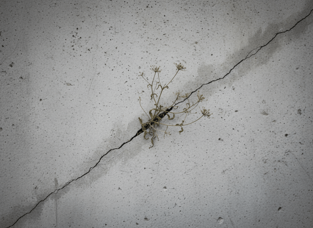 Close-up of a concrete wall with a small crack and a single dry weed growing through it, minimal and stark, muted grey and green tones, no people, no landscape, austere and contemplative mood