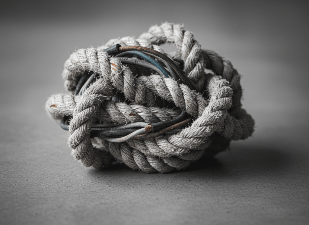 Close-up of tangled wire or rope on a plain surface, minimal and stark, muted grey tones, no people, no landscape, austere and contemplative mood
