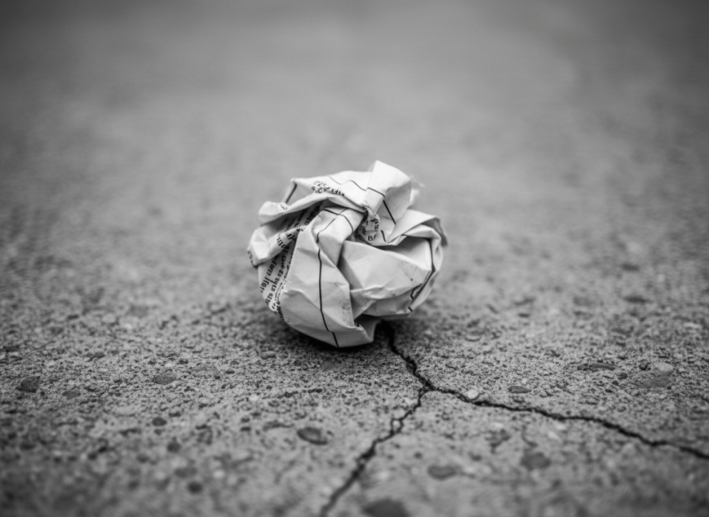 Close-up of a crumpled ballot paper on rough concrete, minimal and stark, muted grey and white tones, no people, no landscape, austere and contemplative mood