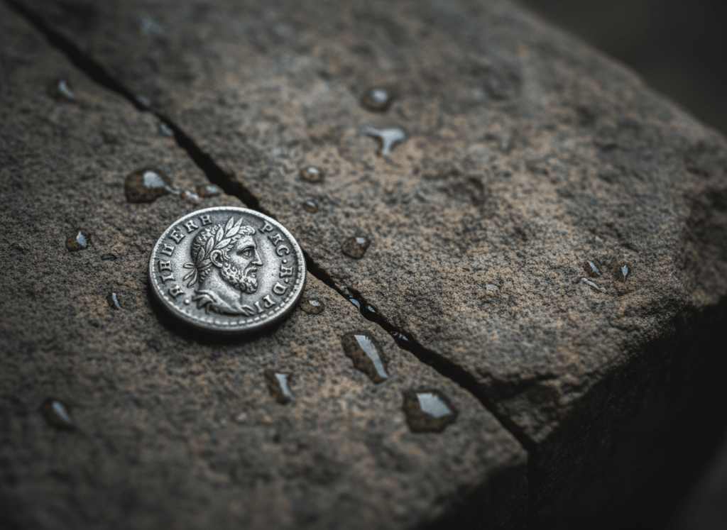 Close-up of a single coin on a rough stone surface, minimal and stark, muted tones, no people, no landscape, no pastoral elements, austere and contemplative mood