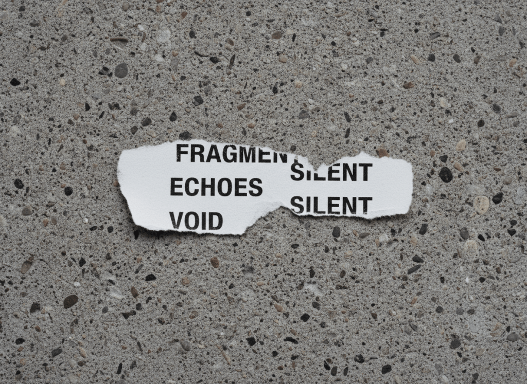 Close-up of a torn paper with printed text on rough concrete, minimal and stark, muted grey and white tones, no people, no landscape, austere and contemplative mood