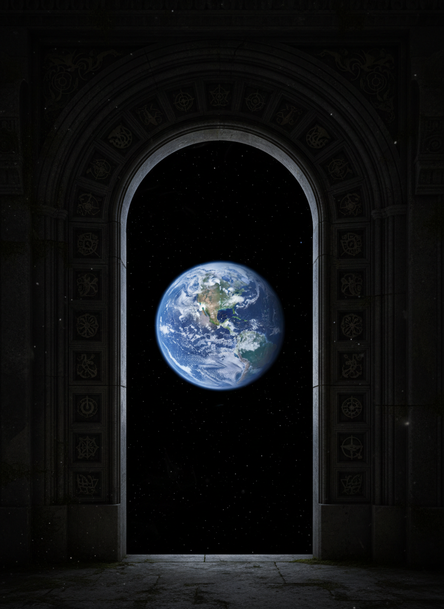 Una puerta de arco semicircular a través de la que se ve el planeta Tierra flotando en el espacio