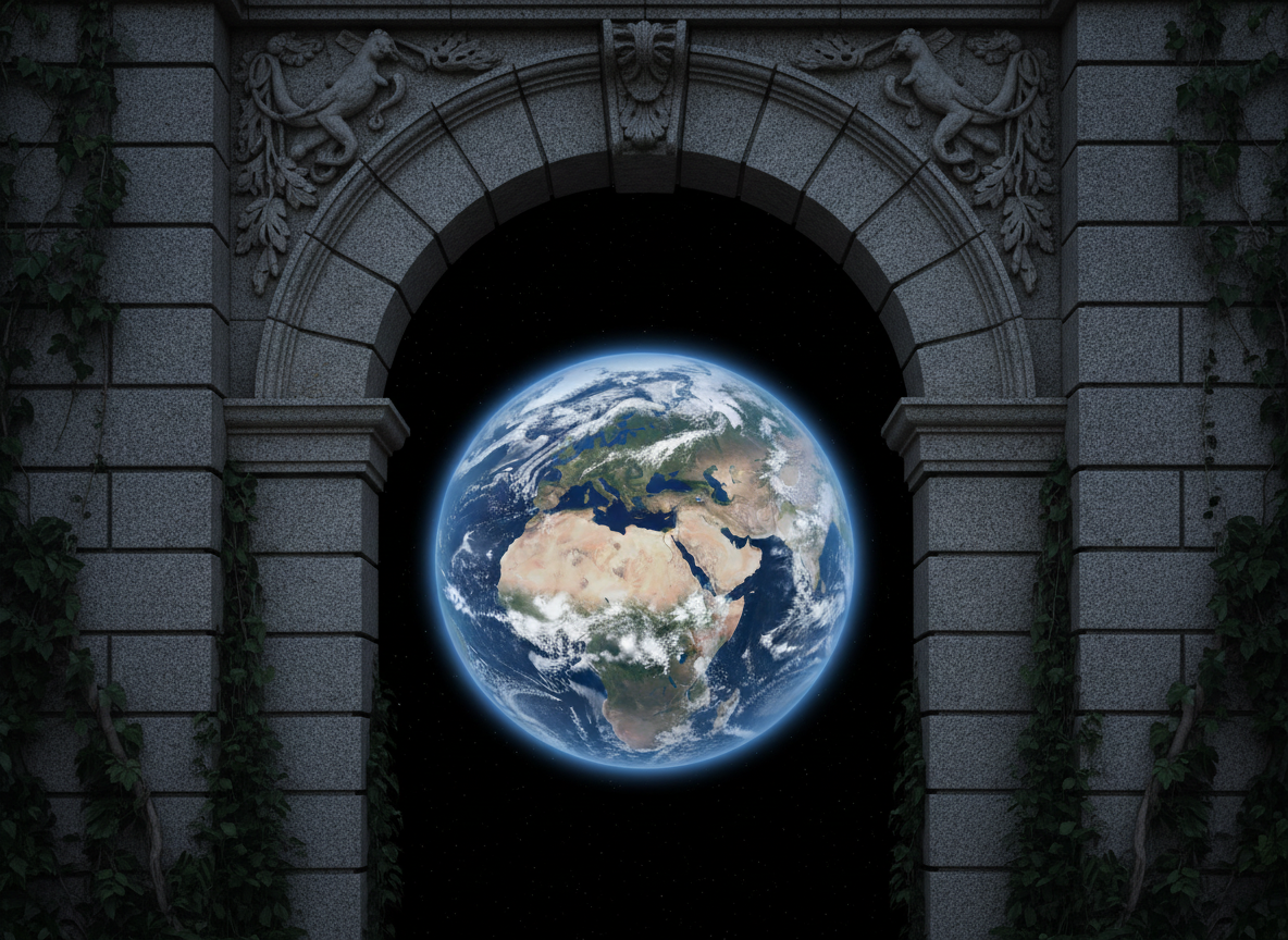 Una puerta de arco semicircular a través de la que se ve el planeta Tierra flotando en el espacio